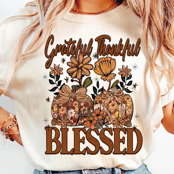 Tops - Thankful Floral Fall Pumpkin Coquette Shirt, Give Thanks Shirt